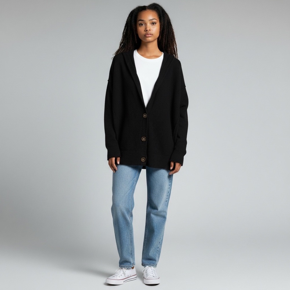 Free People Women Black Hooded Button Front Cardigan Large
